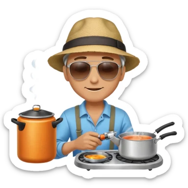 A man camper boiling water on a portable stove, enjoying the outdoor breeze.
 sticker