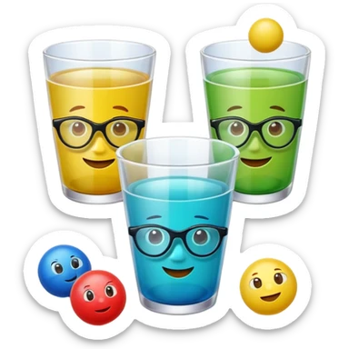 Cute 3D cartoon emoji sticker of a plastic glass-and-ball game with three glossy plastic glasses (blue, green, red) and a yellow ball. Soft lighting, smooth shadows, playful look, white sticker outline, transparent background, high resolution.” sticker