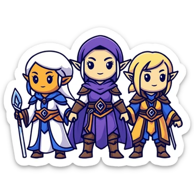 Lineage 2 female characters with Human mystic, Elven ranger, female Dwarf artisan, and Dark Elf sorceress sticker