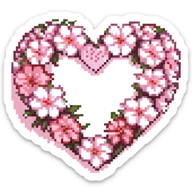 pink heart with sakura flowers, pixel art style sticker