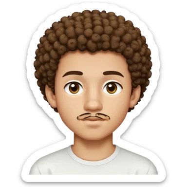 17 year old light-skinned boy with slightly brown smaller eyes, small mustache above lip, very curly hair like a small afro with cut sides, one single curl like an antenna falling on forehead, wearing a tight white shirt sticker