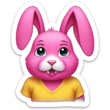 Pink rabbit with tears, wears yellow teeshirt sticker