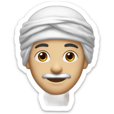 A person wearing only a shemagh, headband, and mustache, with dark brown eyes and white skin tone, smiling and cheerful sticker