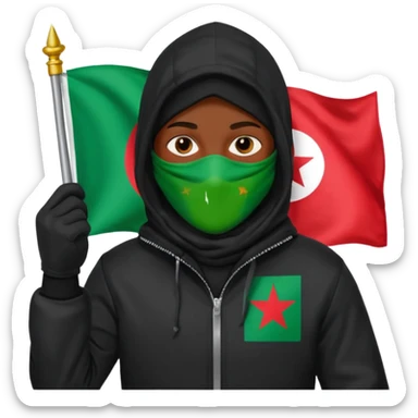 fait une personne habiller tout en noir avec une veste et une capuche et une cagoule qui tient un drapeua d'algerie dans sa main droite sticker