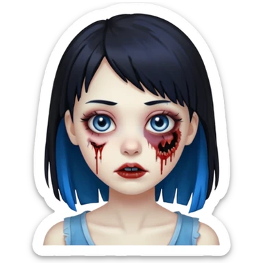 faça uma menina zumbi bonita com um cabelo liso, franja e que metade da franja seja azul e o a outra metade e resto do cabelo sejam pretos sticker