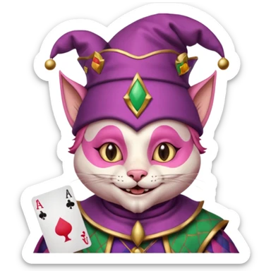 court jester cat medieval, single poker card joker clearly visible, pink, face only, court jester cap sticker