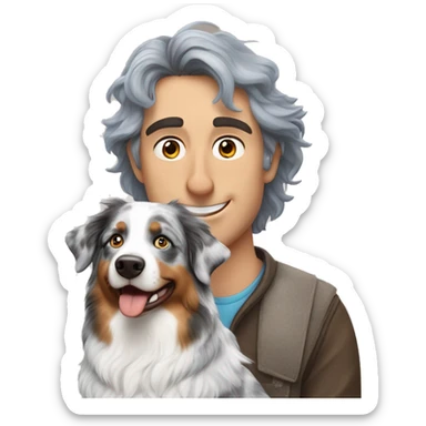 blue merle australian shepherd dog next to owner white man brown hair sticker
