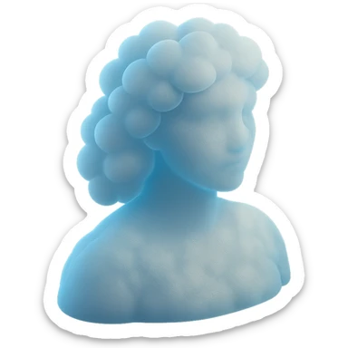 person looking straight, made entirely of white fluffy convex clouds with a slight blue glow, shoulder length, matte glass style sticker