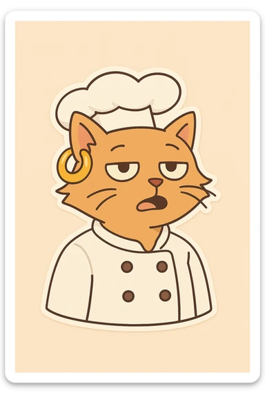 Make the chef cat's gold earring much bigger, keeping the same chibi stickers cartoon style and background as is. sticker
