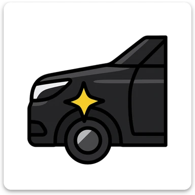 small bright silver or gold star on the glossy black surface of a high-end car, main color glossy black, subtle reflections, emphasis on mirror-like shine, modern and clean, not overloaded sticker