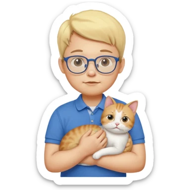 emoji ios, soft boy carrying a cat, light yellow skin, blue polo shirt, bespectacled, cute and a little plump, with slightly chubby cheeks. sticker