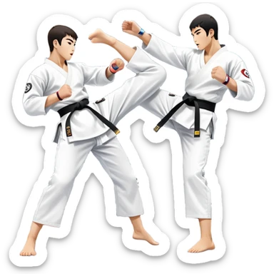 Two taekwondo fighters in traditional white doboks with black belts compete in a dynamic match. One executes a high spinning kick, while the other blocks skillfully. The background features a professional arena with bright lights and spectators. Transparent background. sticker