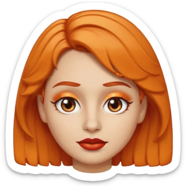 A person emoji with light skin, short orange wavy hair swept to one side, matching orange eyebrows, brown eyes, an oval-shaped face, a small nose, and dark lipstick. sticker