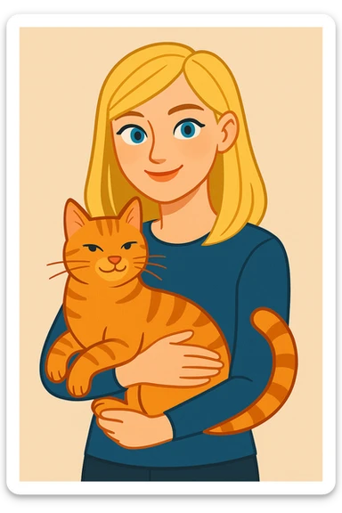 a blonde girl with blue eyes holding an orange tabby cat, modern illustration sticker
