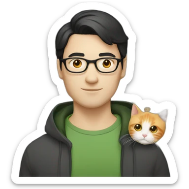 Man with green eyes, black short hair, white skin, with glasses, hold Persian orange cat sticker
