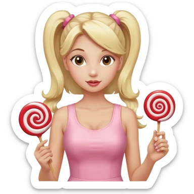 Beautiful woman with long blonde ponytails wearing light pink bodycon dress holding a lollipop sticker