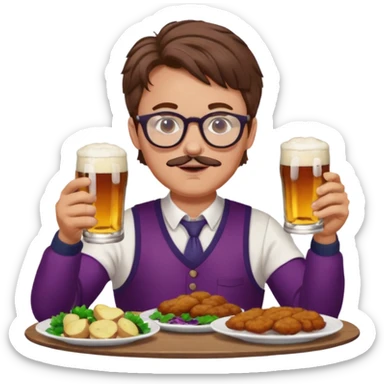 German man with glasses and brown hair and woman with glasses and brown hair eating schnitzel, red cabbage, potatoes, and drinking a beer sticker