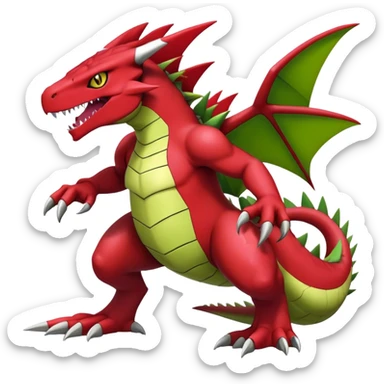 Cool edgy Guilmon-Flygon-Tyranitar-Digimon-hybrid-fusion, yellow belly, full body sticker