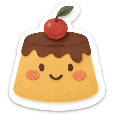 shy pudding with blushing cheeks, cherry on top, creamy soft background, paper craft style sticker