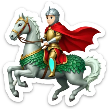 A knight in silver armor with a red cape, riding a white horse atop a green dragon. sticker