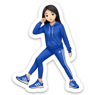 A pretty white/asian tanned girl with medium long strait dark brown almost black hair wearing a royal blue hoodie and leggings with adidas sambad sticker