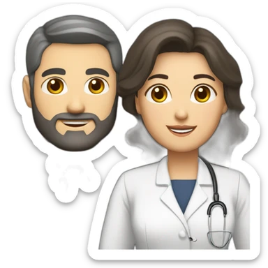 husband caucasian age 55 dark hair trimmed beard wearing business suit holding bible, wife asian age 55 dark hair nurse uniform, no children sticker