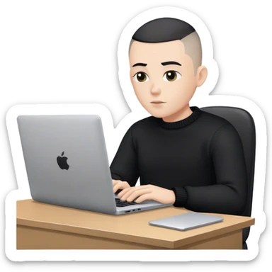 memoji of a man with a laptop in front, apple-style,modern,white skin,black buzz cut hair,black sweater,computer in hand,sitting on his desk sticker