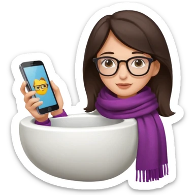 Fille châtain foncé avec lunettes. Elle porte une grosse écharpe. Elle est dans une cuvette de toilette. Téléphone en main sticker