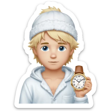 Create a look for a blond boy with long, tousled hair, light eyes, a white sweater, a wealthy appearance, blue eyes, and accessories like a Rolex or Cartier watch, and a cute face with messy hair down. blue eyes + + pajama white fluffy + cap fluffy + blush sticker