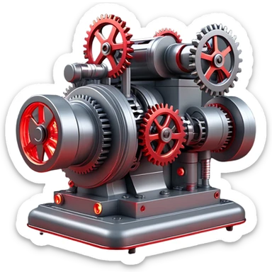 Hyper-realistic 3D render of a compact power generator with:
- Intricate mechanical gears system
- Main large gear in metallic gray
- Smaller interconnected gears in motion
- Red glowing energy flowing through transparent tubes
- Industrial-tech aesthetic
- Metallic gray base with red accent lights
- Sharp details and mechanical precision
- Subtle steam or energy particles in red
--ar 1:1
--style raw
--v 5.2
--no text
--q 2
--c 20 sticker