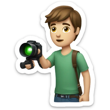 A young man holds a camera with a flash in his hands.He has shoulder-length brown hair.His eyes are green.Dressed in a shirt. sticker