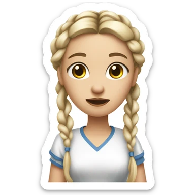 "A young woman with braided blond hair, fair skin, and a lively but slightly worried expression. She wears a simple dress, holding a brush with wite paint dripping from it." sticker