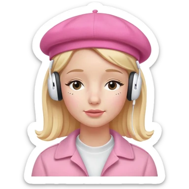 blonde American girl wearing a pink beret and AirPods Max headphones, listening to music with closed eyes sticker