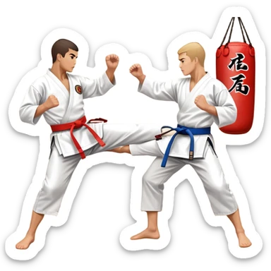 Two karate fighters in traditional gi sparring. One executes a high kick aimed at the opponent’s head, while the other blocks with a strong hand defense. The background features a classic dojo with wooden flooring and banners. Dynamic motion and focused expressions. Transparent background. sticker