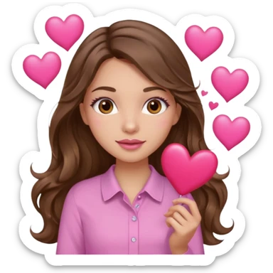 girl with long wavy brown hair, brown eyes, light to medium complexion, in a pink shirt, pink lips, long lashes, many  hearts in hand sticker