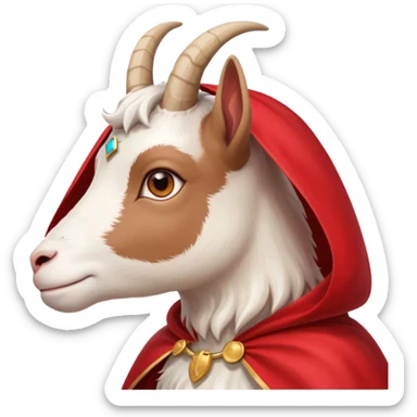 side view of white female goat wearing a read cape like superman sticker