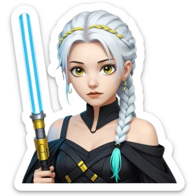  a closeup portrait of young woman with gold yellow eyes, white hair, long braid, black off-shoulder top, punk gothic style, futuristic cyberwave cyberpunk,  jedi attire and posture robes of a padawan, foreweilding a bright blue-green lightsaber sticker