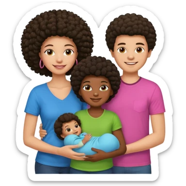Family with a dark woman only with an afro hairstyle and a green shirt, two children: a boy with straight hair and a blue shirt, and a baby girl in a pink shirt. All are smiling. sticker