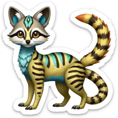 Rare realistic tropical exotic cute epic pretty beautiful handsome gorgeous aesthetic colorful vibrant Vernid-Protogen-Primagen-Wickerbeast-Genet-Trico-species-Fakemon-hybrid-creature by LiLaiRa, beautiful intricate markings, full body sticker
