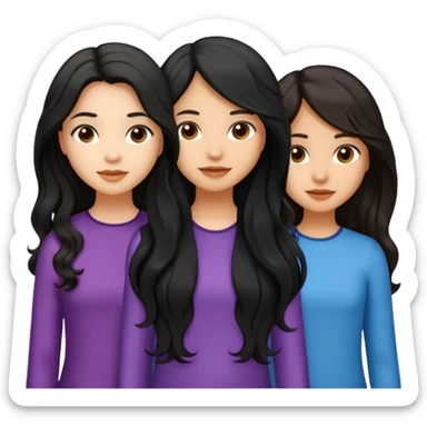 create a trio emoji girl with the first girl with a long black wavy hair with a light skin and the second girl with an mid length wavy hair with a little bit of brown color with light morena skin and the last with long black straight hair with light morena skin sticker