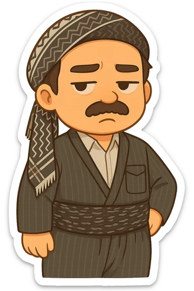 Cartoon sticker of a Kurdish man wearing the same traditional Kurdish clothes and shawl as the reference image, with no changes to the clothes or shawl. The face should have a bored and frowning expression similar to the 😒 emoji. The style should be colorful and cheerful, suitable for WhatsApp and Instagram, with no text and a transparent background. sticker