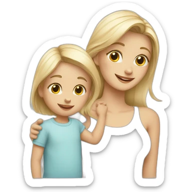 blond mother with straight blond hair, baby son with blond hair, brindle cat and white cat with gray spots sticker