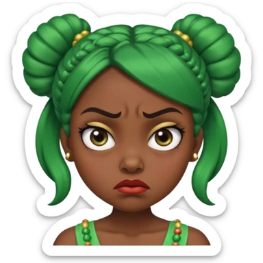 Create a 3D cartoon-style girl character with dark skin, round face, angry expression, big wide eyes, and tightly styled double buns made of green beaded hair. The girl should look irritated, eyebrows sharply angled, and lips pressed in a frown. sticker