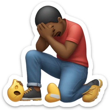 A man kneeling and crying while trying to repair his girlfriend's broken heart. The heart should be depicted as a broken emoji heart, emphasizing the emotional scene. sticker