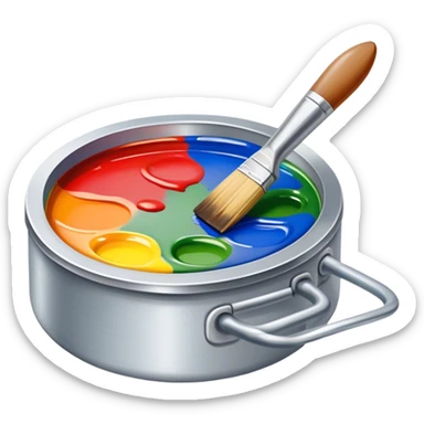 Metal painting icon, detailed work with a fine paintbrush on metal surface, vivid colors being applied to the surface of the object, visible brush strokes and paint pots, no finished artwork, just the process of painting, minimalistic style, clean lines, transparent background. sticker