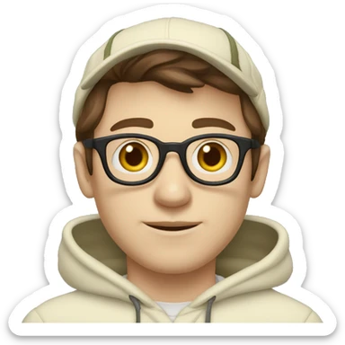 Man with brown hair and glasses wearing a cream hoodie, with a pale skin, and an university of oregon mesh hat sticker