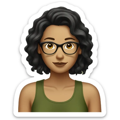 white skined woman with wavy long black hair with a olive green tank top with glasses tortoise  sticker