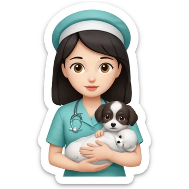 dark haired nurse holding baby dog sticker