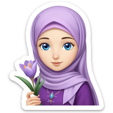 Turkish beautiful finish Konya girl blue eyes with crocus flower hijab long tail dress and hold crocus flower on hand  sticker