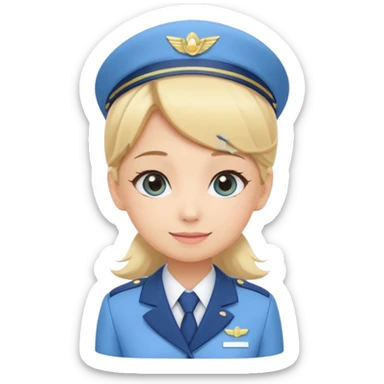 Cute emoji-style Japanese flight attendant, blonde hair, pastel blue airline uniform, kawaii cartoon style, big eyes, simple clean lineart, pastel colors, chibi proportions, friendly smile, sticker/emoji, transparent background sticker